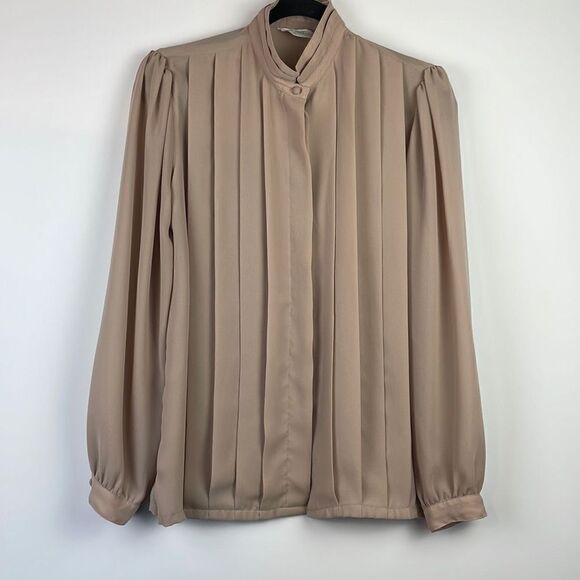 Alicia. Secretary Pleated Mock Neck Long Sleeve Blouse Top Tan Size 18 - Picture 1 of 11